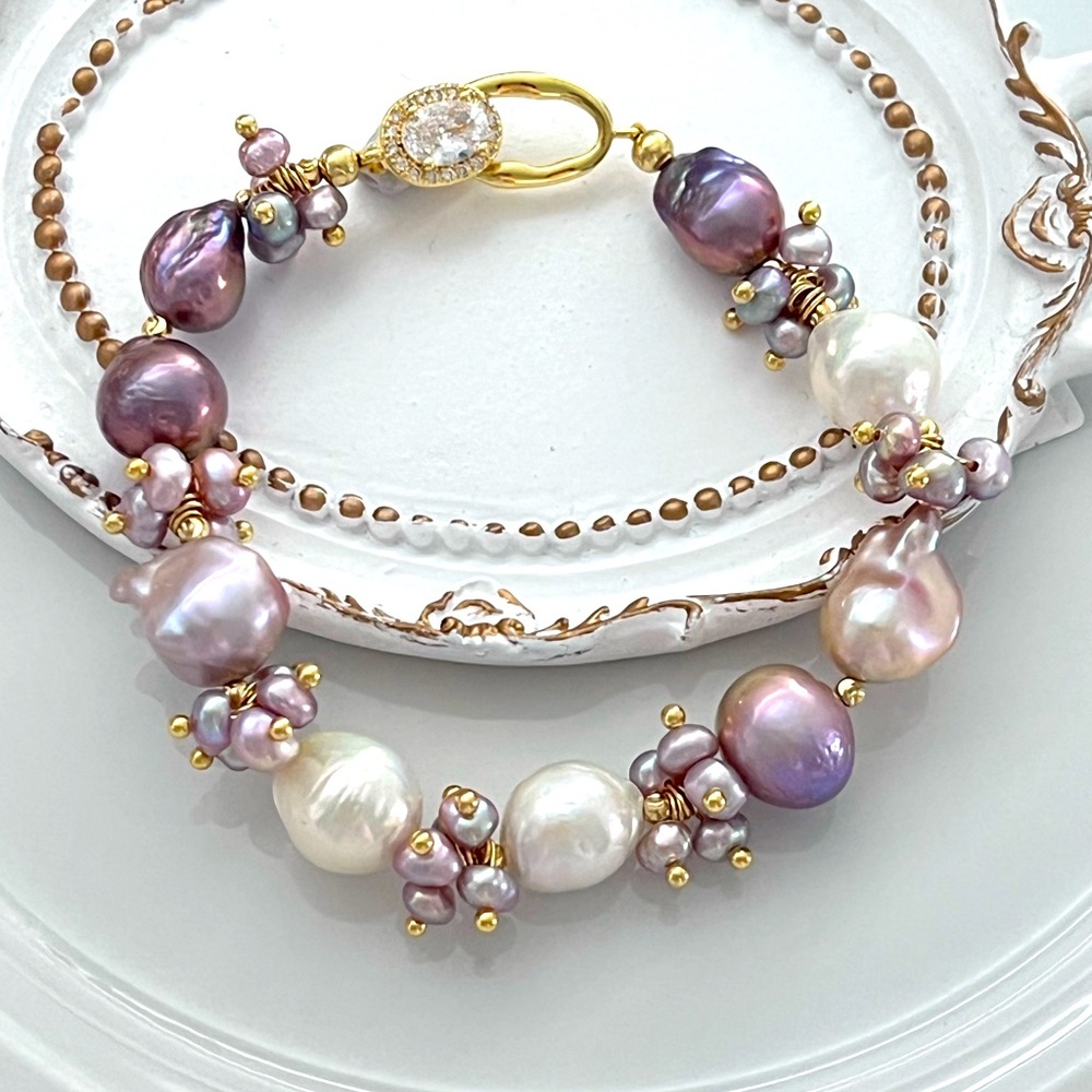 😍 Handmade Multi Color Freshwater Edison Pearl Bracelet Gold Plated